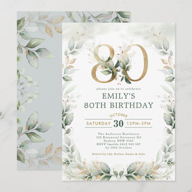 Invitation Elégant Eucalyptus Verdure Or 80e anniversaire (Devant / Derrière)