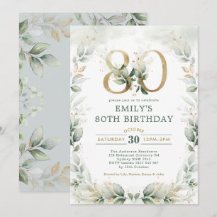 Invitation Elégant Eucalyptus Verdure Or 80e anniversaire