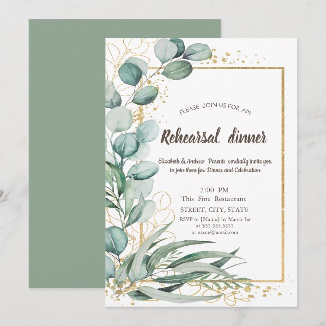 Invitation Elégant Eucalyptus Verdure Répétition Or Dîner (Devant / Derrière)