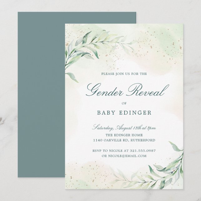 Invitation Elégant Eucalyptus Verdure Révélation de genre (Devant / Derrière)