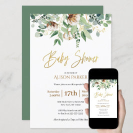 Invitation Elégant Eucalyptus Verdure Typographie Or Bébé