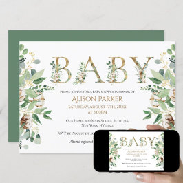 Invitation Elégant Eucalyptus Vert Alphabet Or
