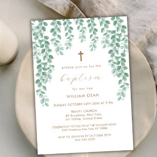 Invitation Elégant Eucalyptus Vert Croix Baptême