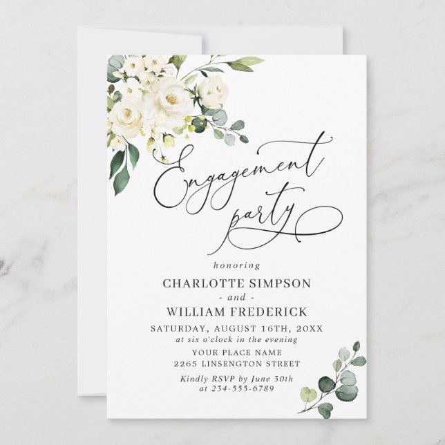 Invitation Elégant Eucalyptus White Roses ENGAGEMENT PARTI (Devant)