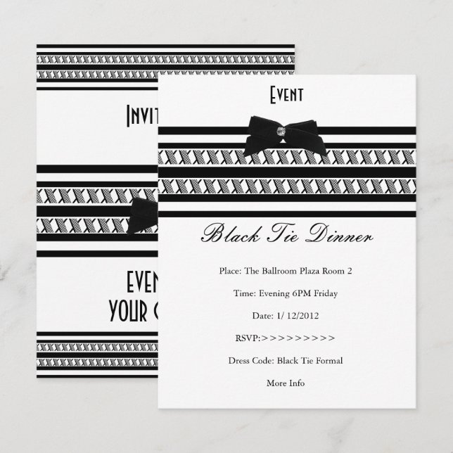 Invitation Élégant Événement Formel Cravate Noire Dîner Blanc (Devant / Derrière)
