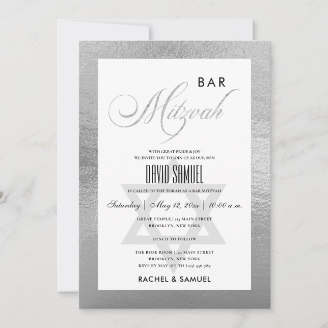 INVITATION ÉLÉGANT FAUX ARGENT SIMPLE BARRE DE MAIN MITZVAH (Devant)