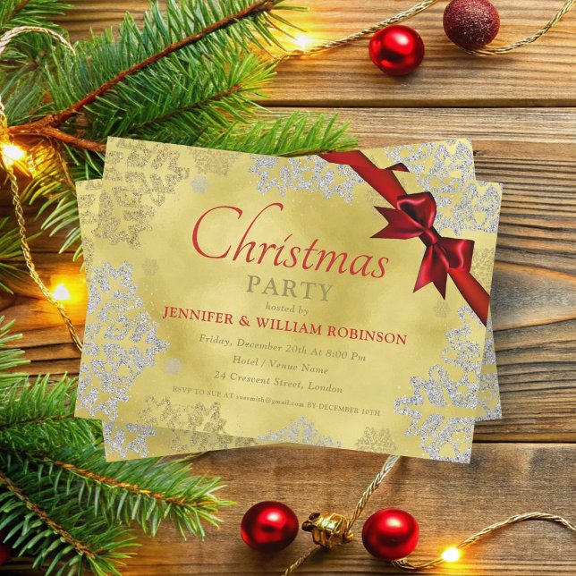 Invitation Élégant FAUX Foil Snowflakes Xmas Ribbon (Elegant FAUX Foil Snowflakes Xmas Holiday Ribbon Invitation)