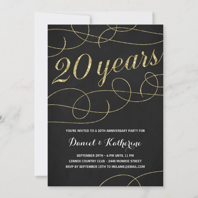 Invitation Élégant | Faux Gold Foil 20e anniversaire (Devant)