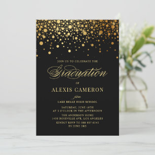 Invitation Elégant Faux Gold Foil Confetti Black Graduation