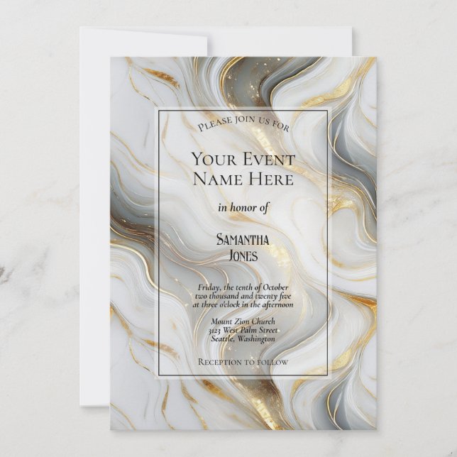 Invitation Élégant Faux Gold, Grey et White Marbled Event (Devant)