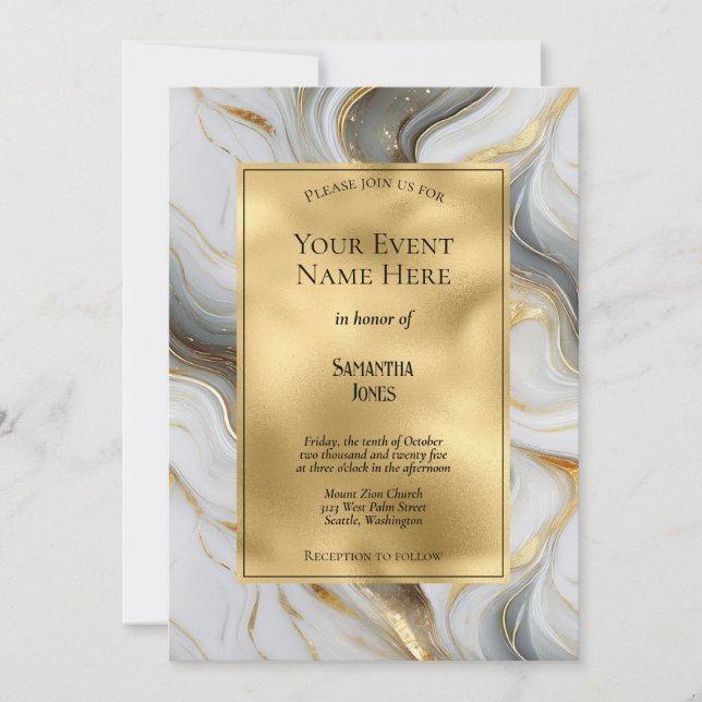 Invitation Élégant Faux Gold, Grey et White Marbled Event (Devant)