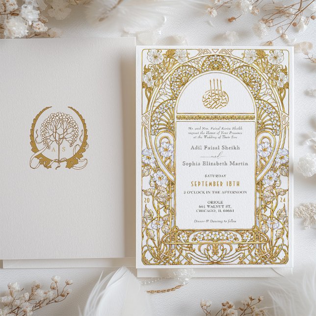 Invitation Elégant Faux Gold & White Mariage islamique (Créateur téléchargé)