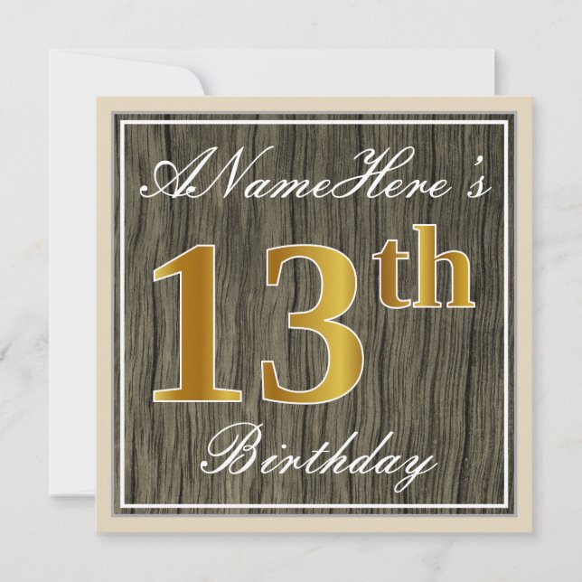 Invitation Elégant, Faux Wood, Faux Gold 13e anniversaire + N (Devant)