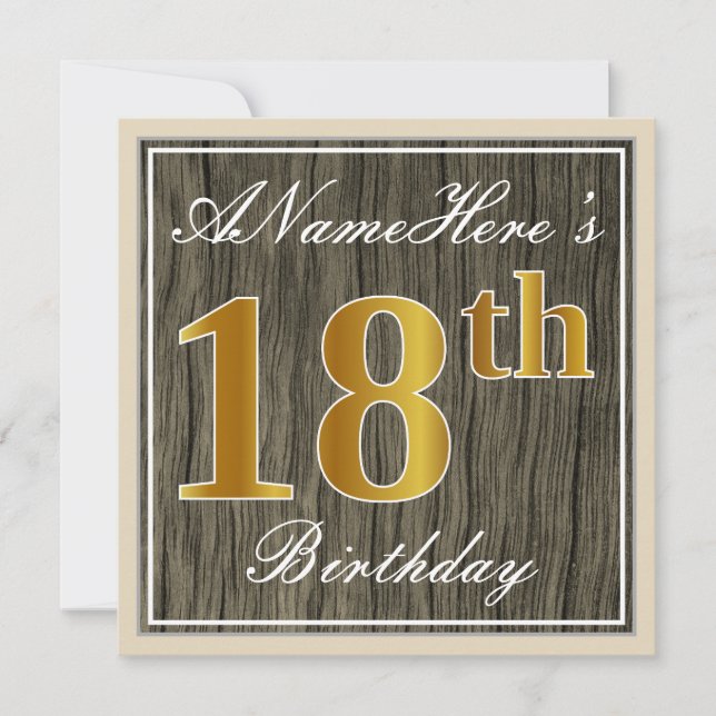 Invitation Elégant, Faux Wood, Faux Gold 18e anniversaire + N (Devant)