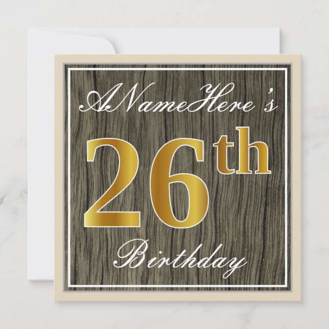 Invitation Elégant, Faux Wood, Faux Gold 26e Anniversaire + N (Devant)