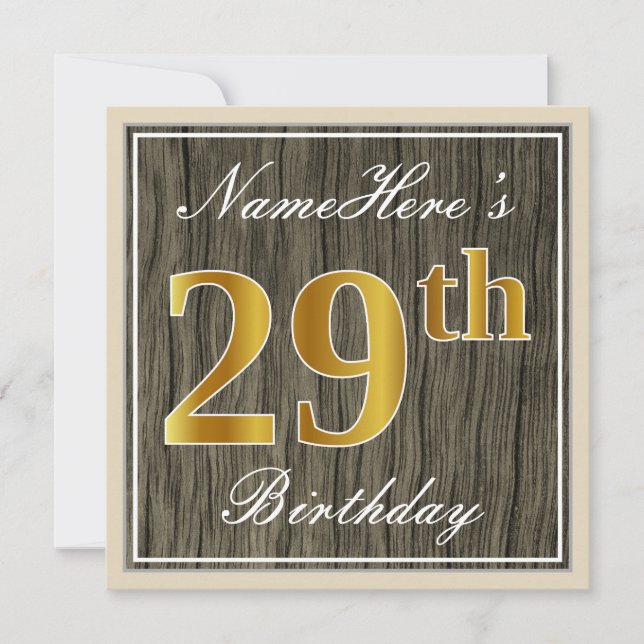 Invitation Elégant, Faux Wood, Faux Gold 29e Anniversaire + N (Devant)