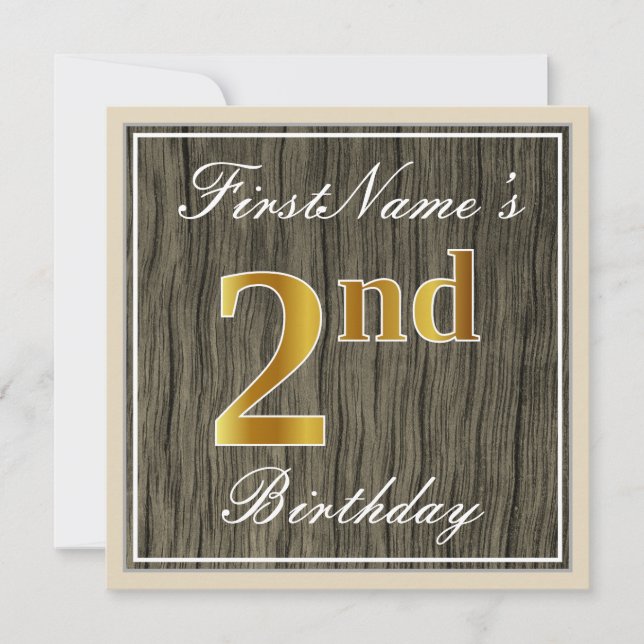 Invitation Elégant, Faux Wood, Faux Gold 2e anniversaire + No (Devant)