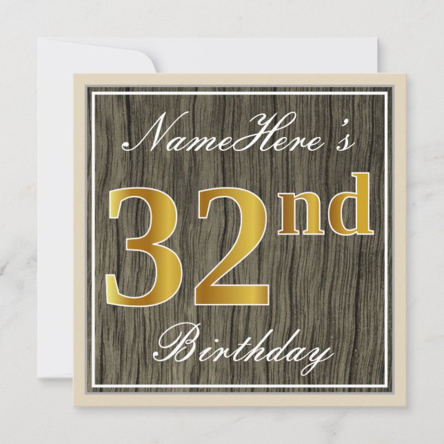 Invitation Elégant, Faux Wood, Faux Gold 32e Anniversaire + N (Devant)