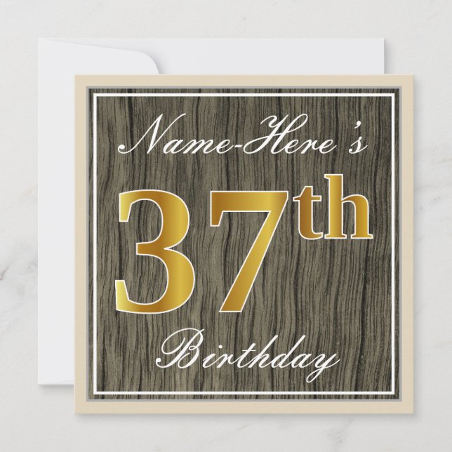 Invitation Elégant, Faux Wood, Faux Gold 37e Anniversaire + N (Devant)