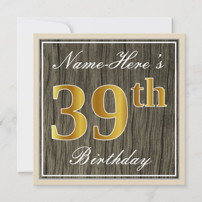 Invitation Elégant, Faux Wood, Faux Gold 39e Anniversaire + N (Devant)