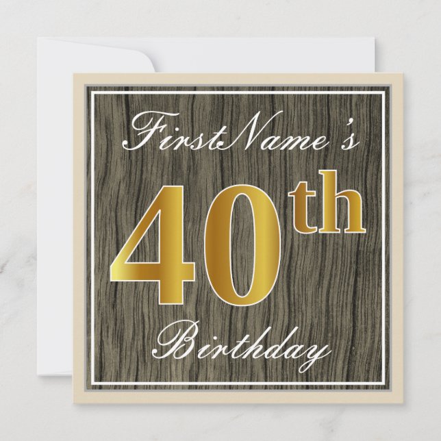 Invitation Elégant, Faux Wood, Faux Gold 40e Anniversaire + N (Devant)