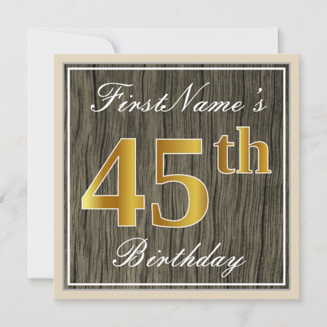 Invitation Elégant, Faux Wood, Faux Gold 45e Anniversaire + N (Devant)
