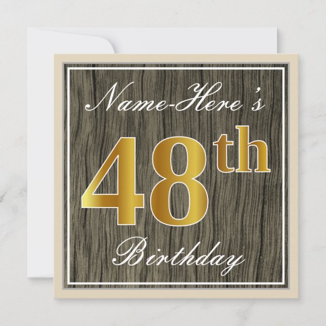 Invitation Elégant, Faux Wood, Faux Gold 48ème Anniversaire + (Devant)