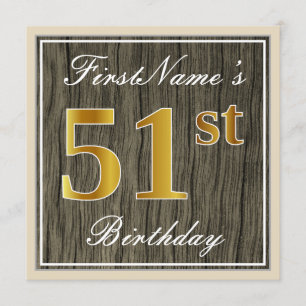 Invitation Elégant, Faux Wood, Faux Gold 51ème Anniversaire +