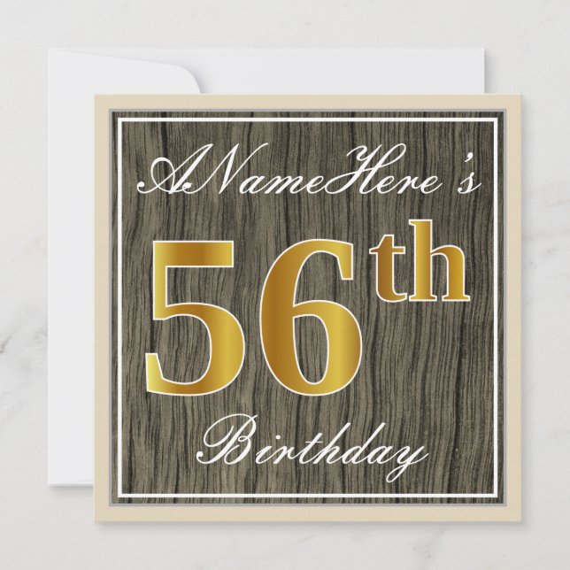 Invitation Elégant, Faux Wood, Faux Gold 56e Anniversaire + N (Devant)