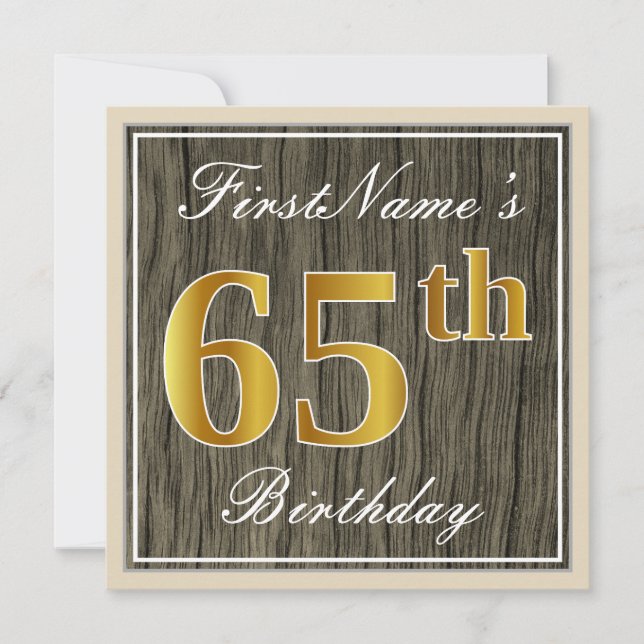 Invitation Elégant, Faux Wood, Faux Gold 65e anniversaire + N (Devant)