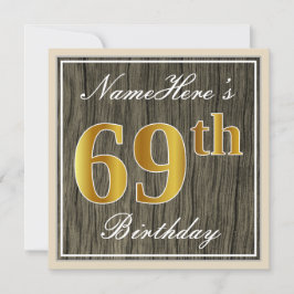 Invitation Elégant, Faux Wood, Faux Gold 69e Anniversaire + N