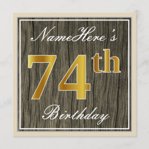 Invitation Elégant, Faux Wood, Faux Gold 74ème Anniversaire +