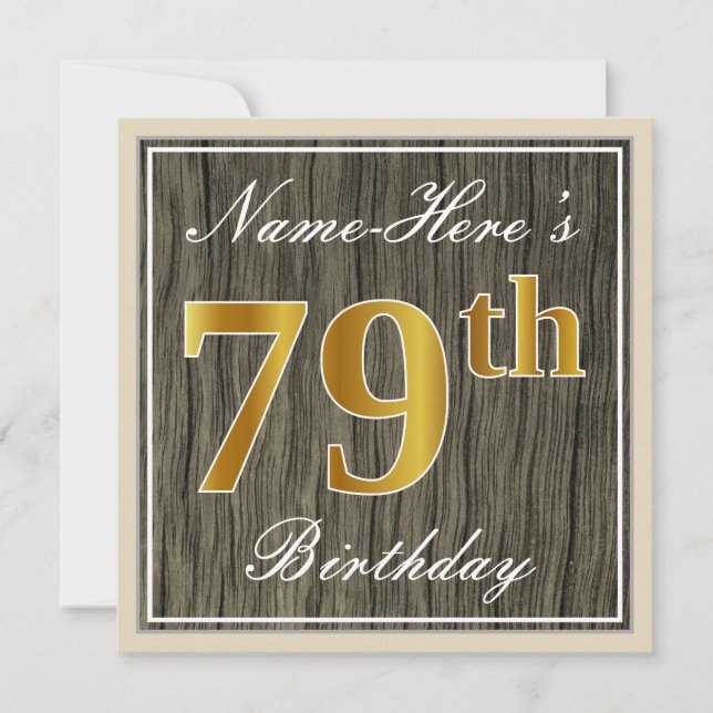 Invitation Elégant, Faux Wood, Faux Gold 79e Anniversaire + N (Devant)