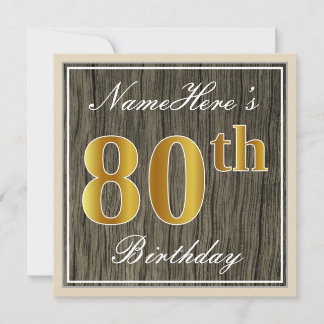 Invitation Elégant, Faux Wood, Faux Gold 80e Anniversaire + N (Devant)