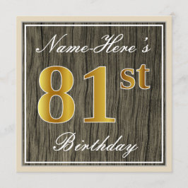 Invitation Elégant, Faux Wood, Faux Gold 81ème Anniversaire +