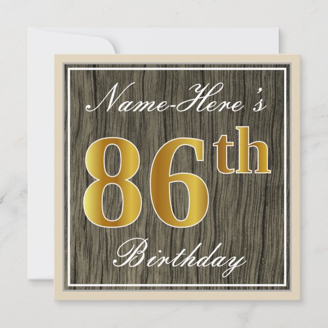 Invitation Elégant, Faux Wood, Faux Gold 86ème Anniversaire + (Devant)