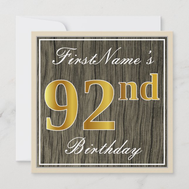 Invitation Elégant, Faux Wood, Faux Gold 92e Anniversaire + N (Devant)