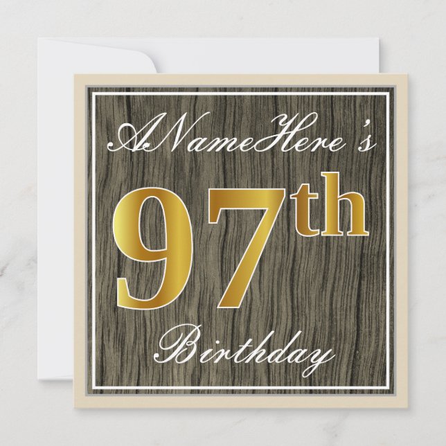 Invitation Elégant, Faux Wood, Faux Gold 97ème Anniversaire + (Devant)