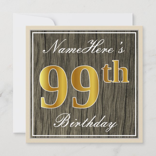 Invitation Elégant, Faux Wood, Faux Gold 99e Anniversaire + N (Devant)
