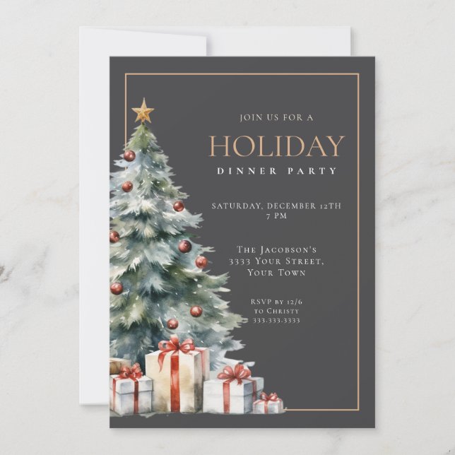 Invitation Elegant Festive Grey Gold Holiday Dinner Party (Devant)