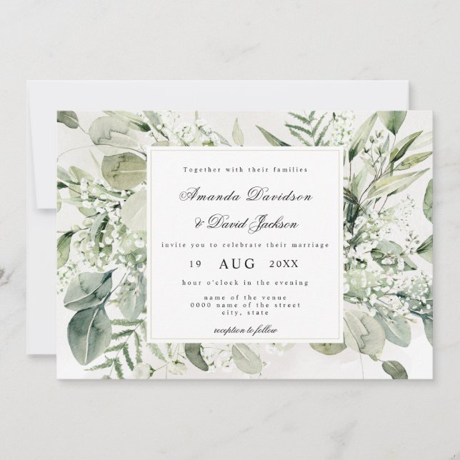 Invitation Élégant feuillage Blanc Floral Boho Mariage (Devant)