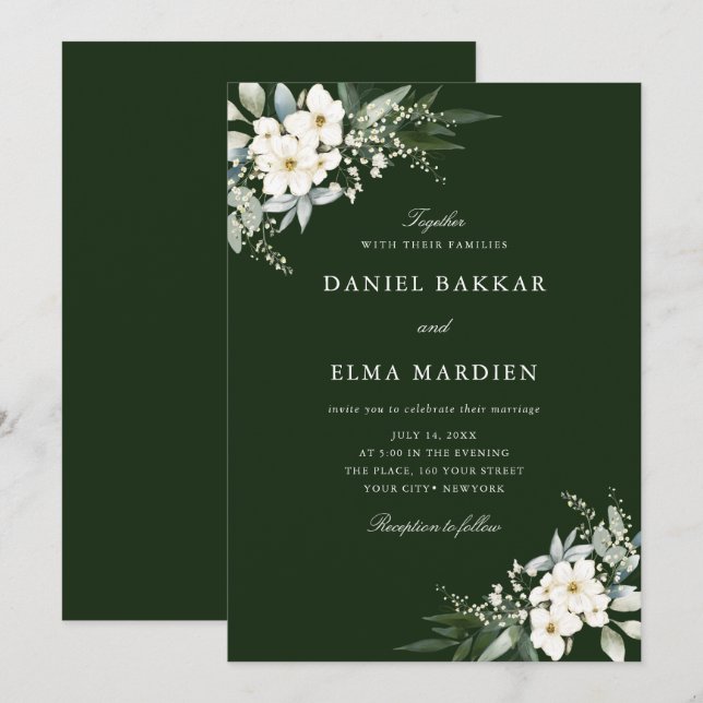Invitation Élégant Feuillage Bohème Fleurs Aquarelle Mariage  (Devant / Derrière)