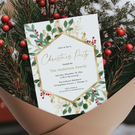 Invitation Élégant feuillage de Noël vert or rouge