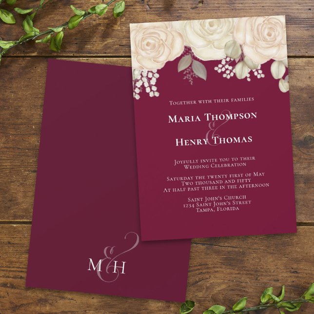 Invitation Élégant feuillage floral d'ivoire en Bourgogne (Créateur téléchargé)