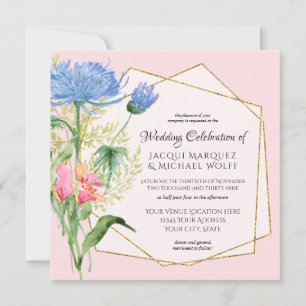 Invitation Élégant feuillage floral Dusty Mariage rose bleu
