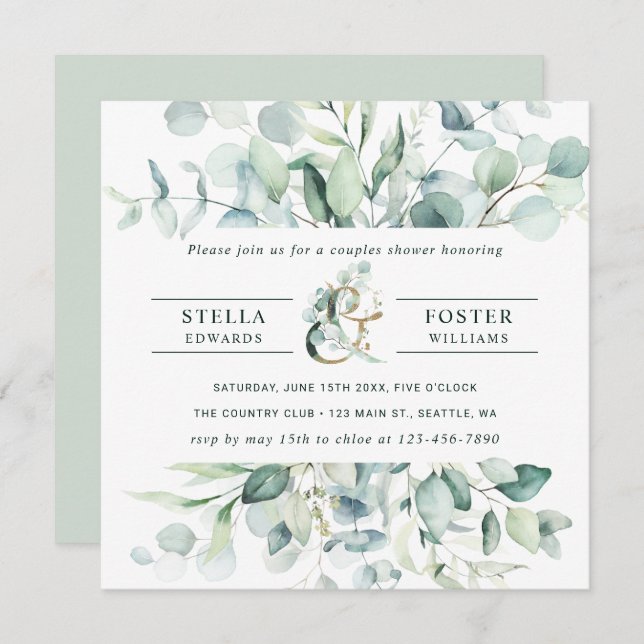 Invitation Élégant feuillage vert Ampersand Couples Douche (Devant / Derrière)