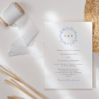 Invitation Élégant Feuille bleu Mariage de monogramme de cour