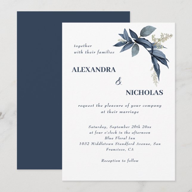 Invitation Élégant Feuille bleu marine Mariage botanique (Devant / Derrière)