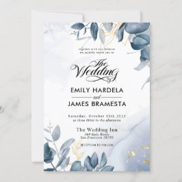 Invitation Elégant Feuille Gold Blue Watercolor Mariage