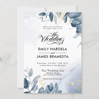 Invitation Elégant Feuille Gold Blue Watercolor Mariage